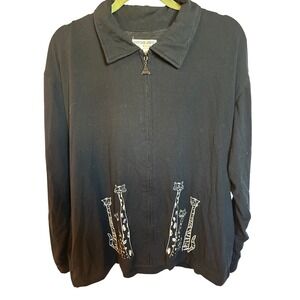 Euro Joy Black Embroidered Cat Pullover Jacket Womens Large Long‎ Sleeve